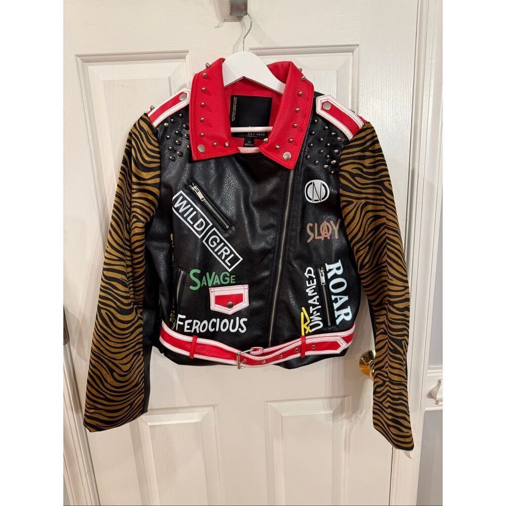 Robert Phillipe Wild Girl Studded Tiger Back Faux Leather Moto Jacket sz L NWOT